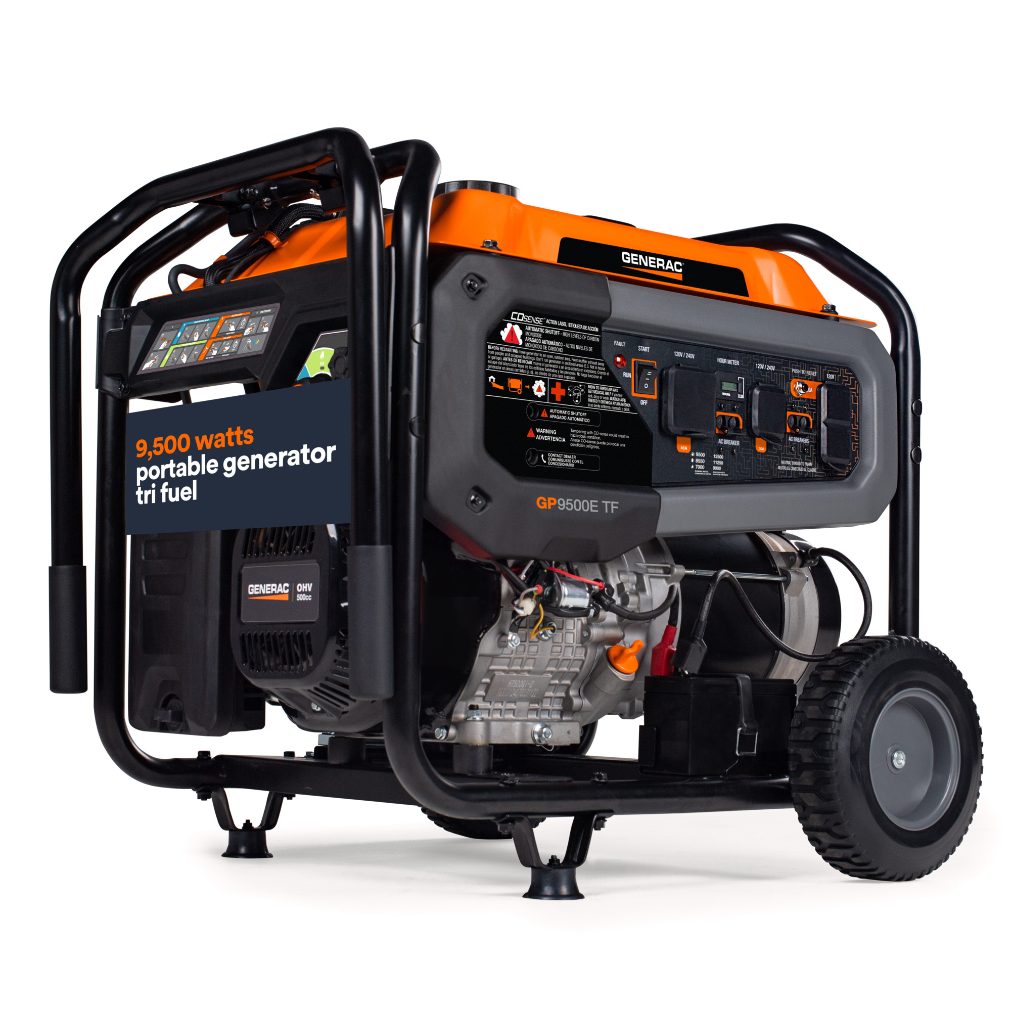Generac 8061 GP9500TF 12500 / 9500 Watt Electric Start Tri-Fuel Portable Generator w/ COSense, Wheel and Handle Kit Included, 50ST